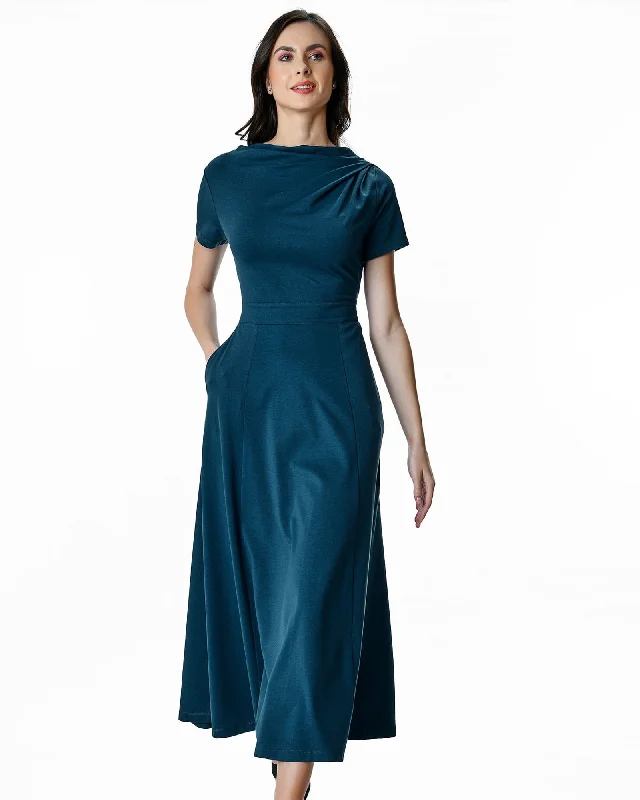 Drape Neck Cotton Jersey Fit-And-Flare Dress | Blue