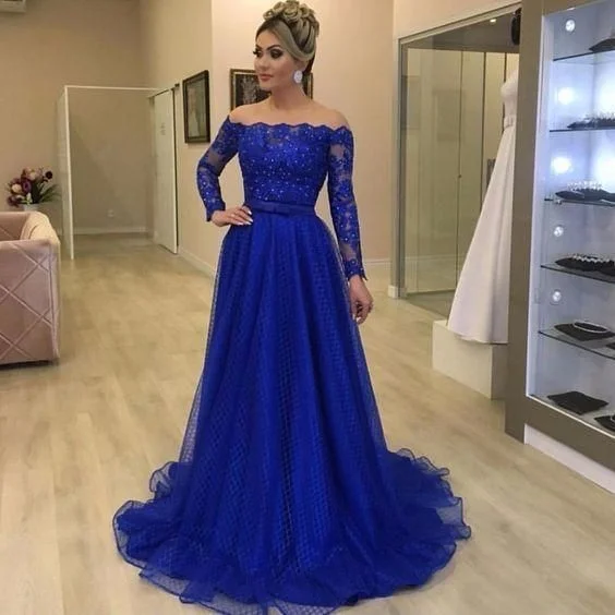 Off shoulder royal blue prom dress C2238