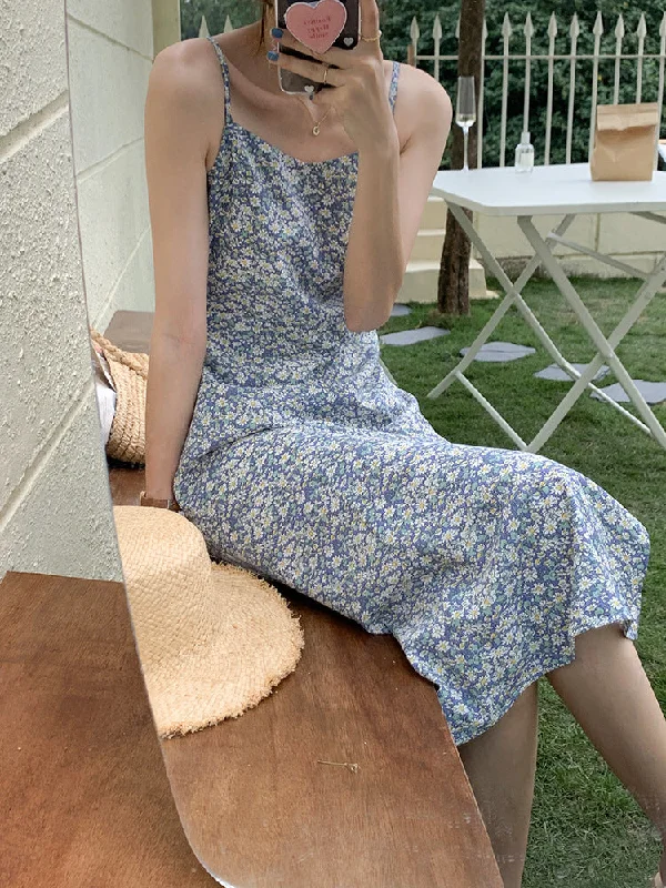 Julia Fashion - Blue Floral Print Split Sling Dress