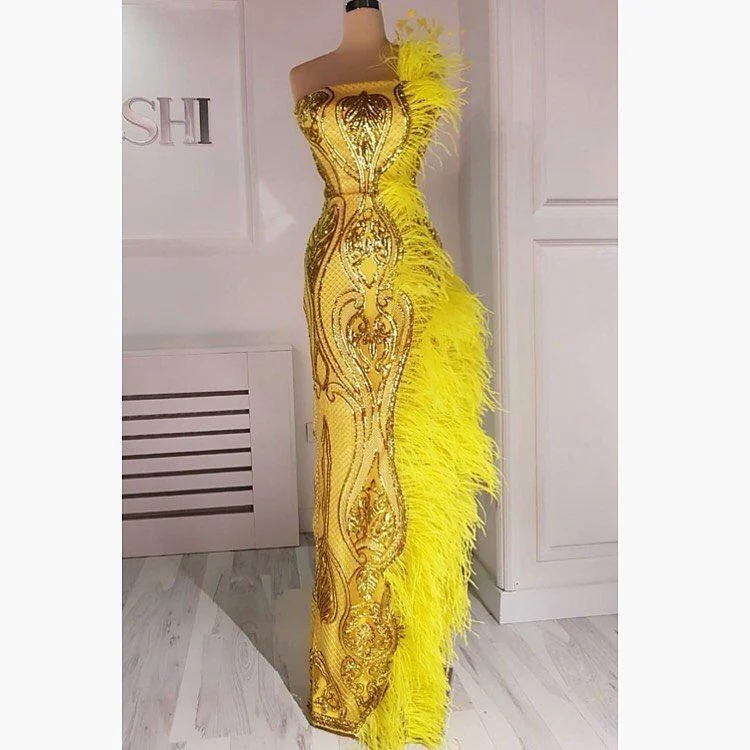 strapless yellow evening dresses long feather mermaid sequin appliqué elegant sexy formal dresses long