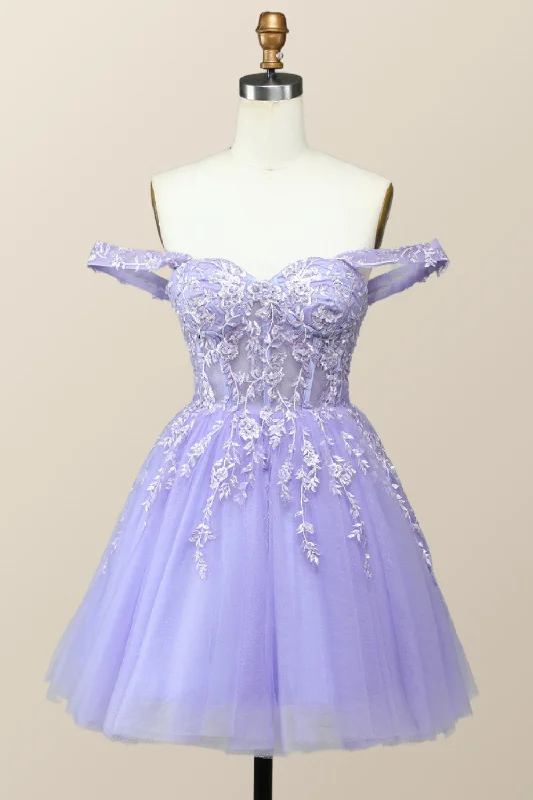 Off the Shoulder Lavender Embroidered A-line Princess Dress