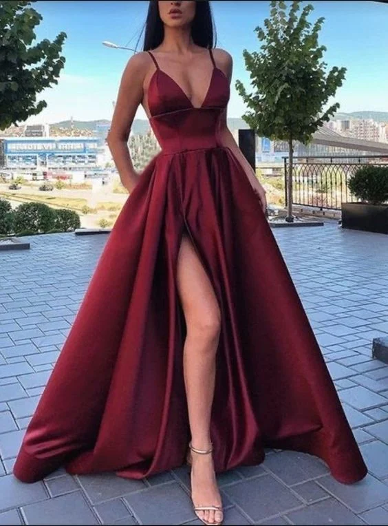 New Designer V-neck A-line Prom Dresses - Burgundy C2018