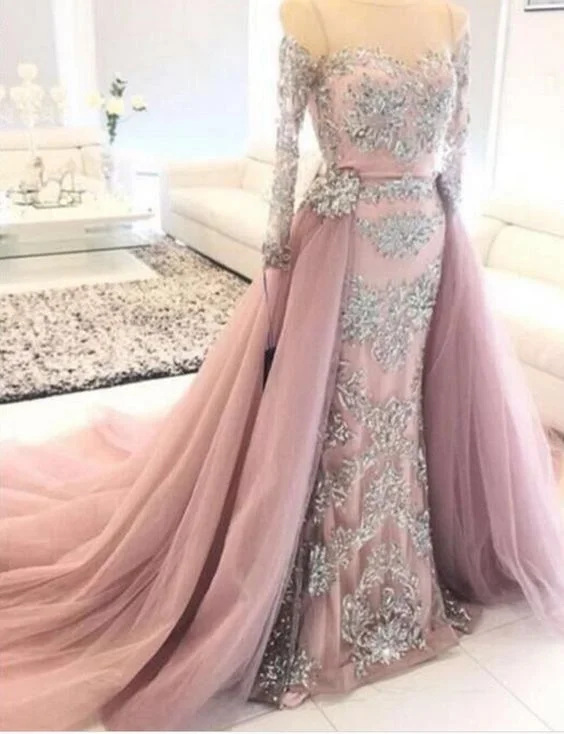 dusty pink evening dresses long sleeve lace appliqué beaded elegant luxury evening gown 2020
