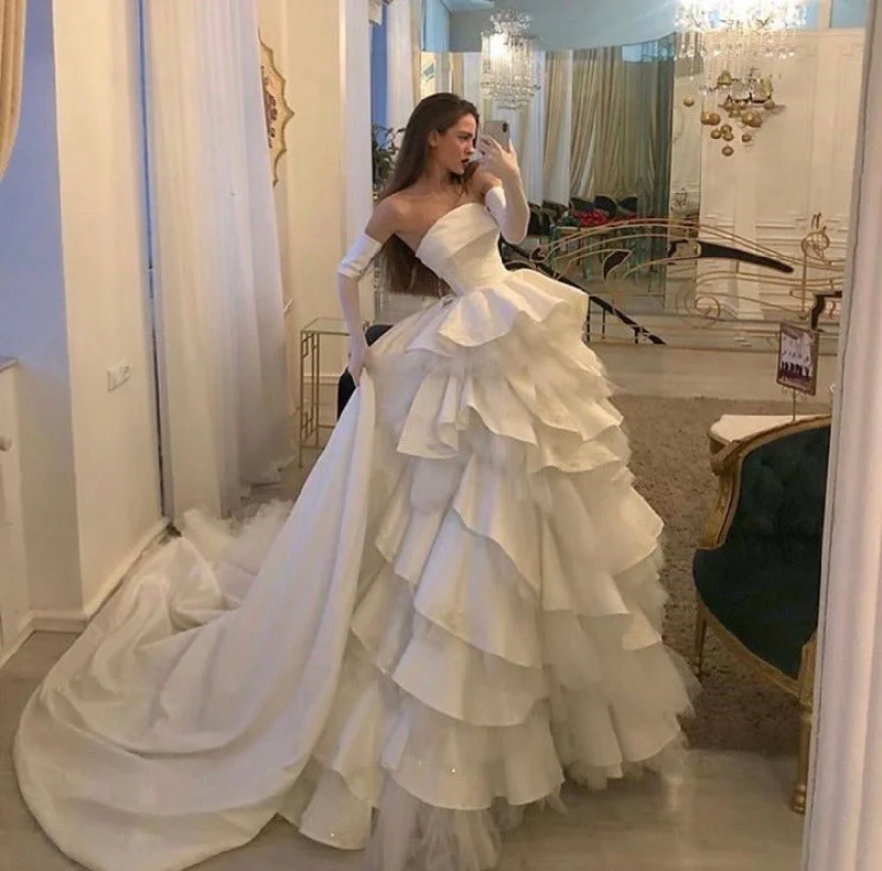Charming A Line Strapless White Long Wedding Gown with Ruffles Prom Dress C2365