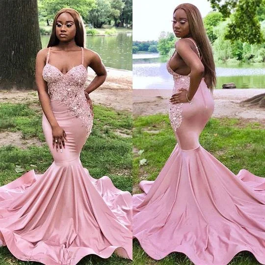 spaghetti straps pink evening dresses long mermaid lace appliqué beaded luxury evening gown 2020 vestido de Longo