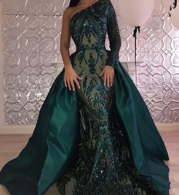 one shoulder green evening dresses long sleeve sequin appliqué detachable train elegant vintage evening gowns