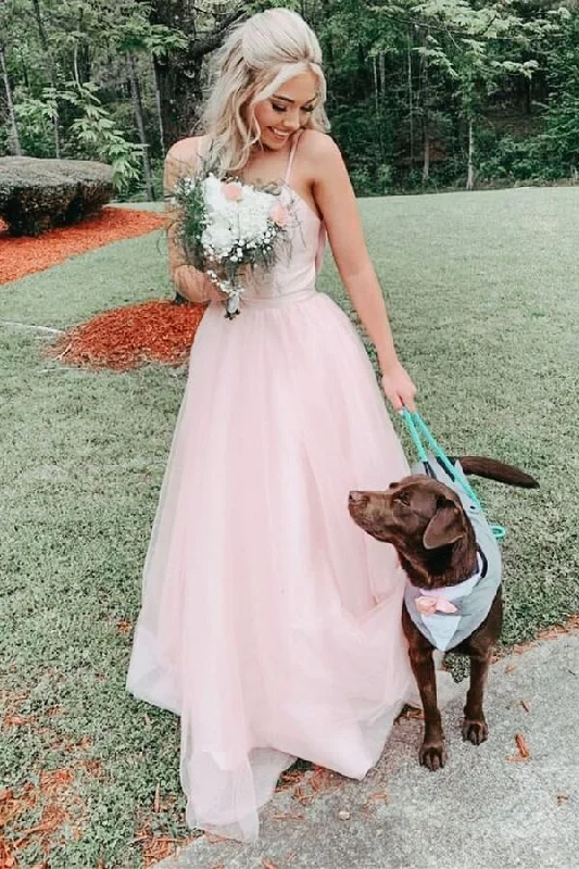 Bow Back Pink A-line Empire-Waist Sleeveless Tulle  Long Prom Dress