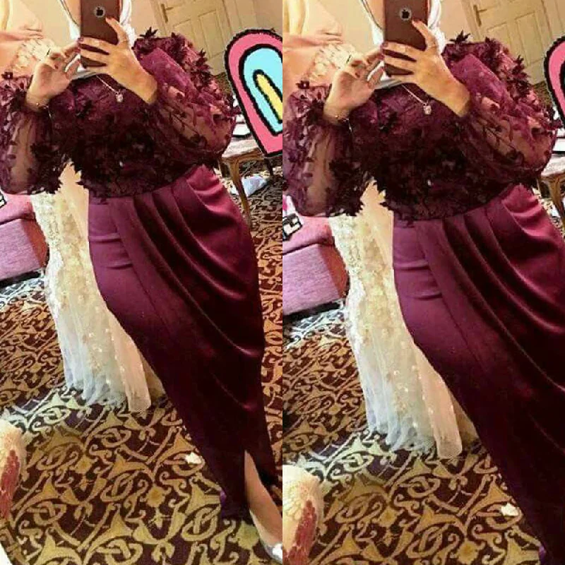 long sleeve Burgundy evening dresses 2020 mermaid 3d flowers elegant cheap evening gown vestido de Longo