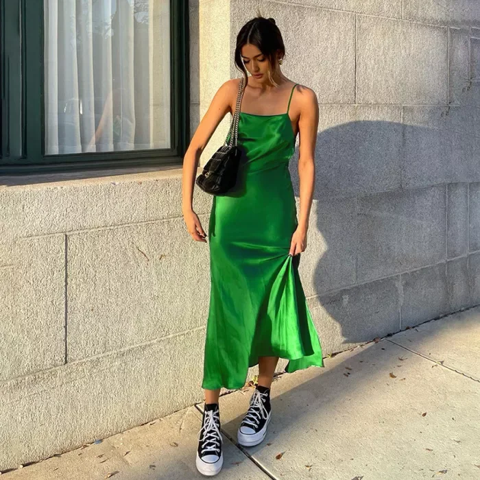 New Sling Ice Silk Slit Vacation Dresses Green Prarty Dress Backless Prom Dress c2492