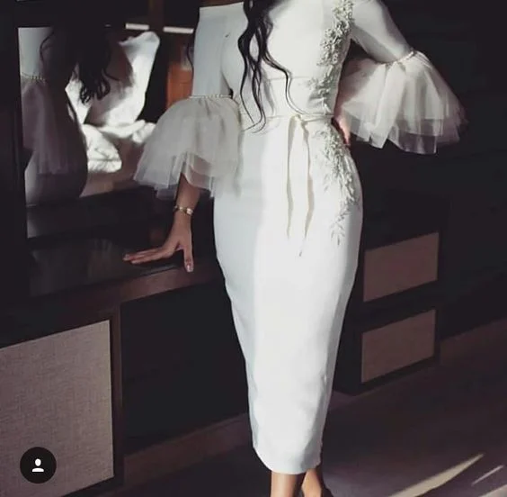 tea length white evening dresses long sleeve 2020 mermaid lace applique cheap evening gown casemento