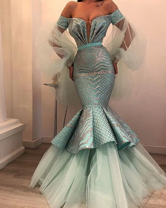 luxury off the shoulder evening dresses long flare sleeve turquoise blue sparkly mermaid evening gown 2020
