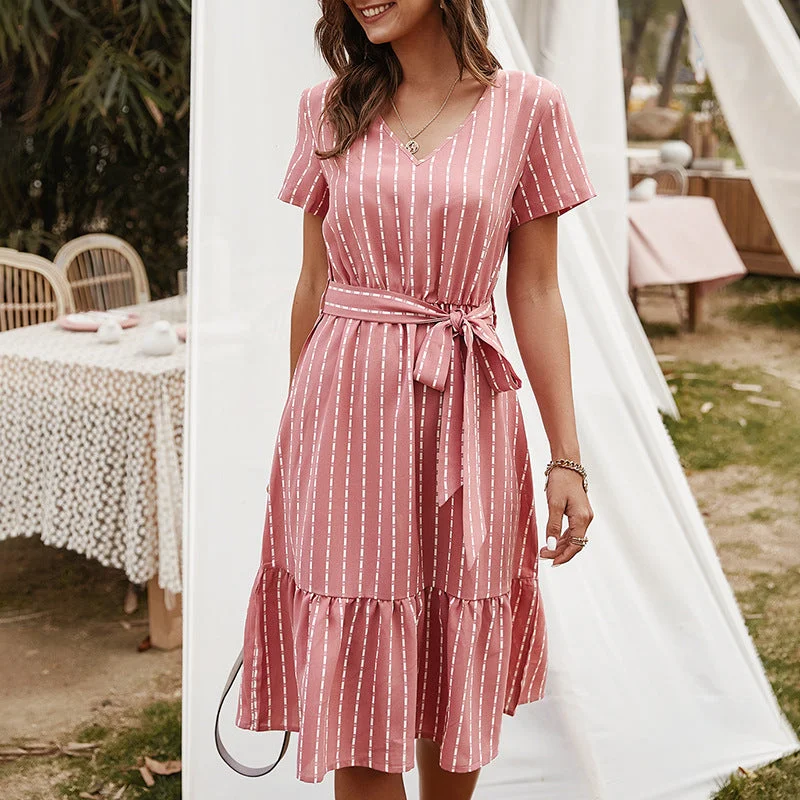 Julia Fashion - V-Neck Striped Short Sleeve Sexy Women Dresses