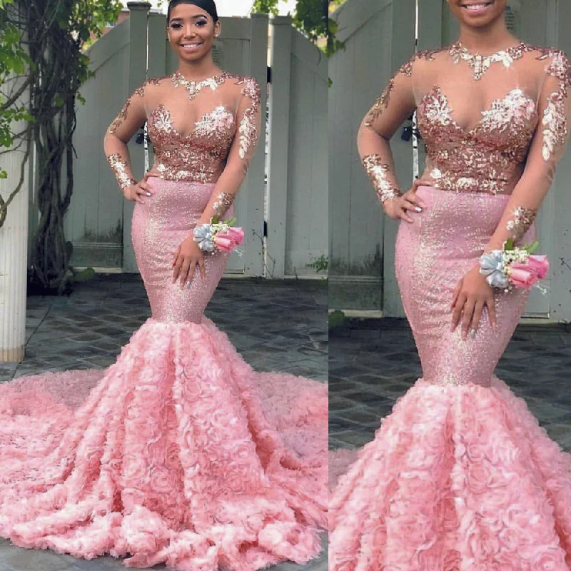 luxury evening dresses long sleeve mermaid pink 3d flowers elegant lace appliqué evening gowns 2020 vestido de Longo