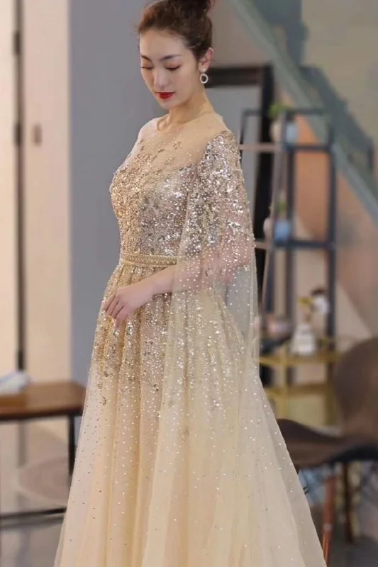 Extra Long Sleeves Beaded Prom Dresses Boatneck Beaded C2236