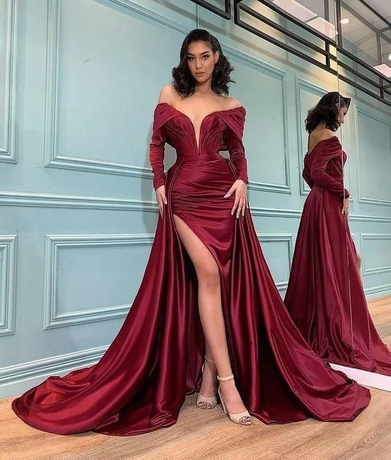 Off the shoulder deep v neck satin long prom dress, mermaid prom dress C1952