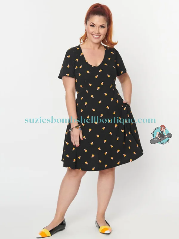 Unique Vintage Black Candy Corn Poppy Flare Dress