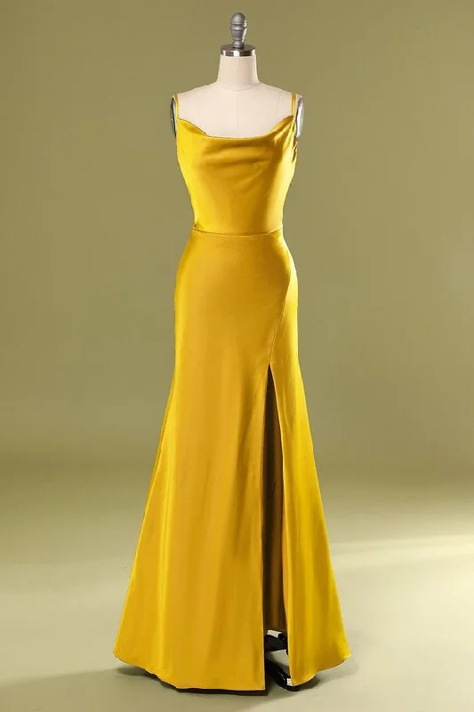 Mermaid Slit Long Prom Dress - Yellow C2076