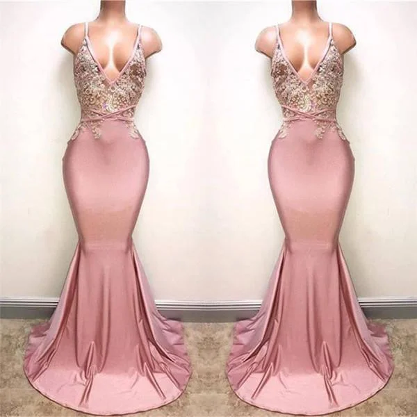 sexy formal dresses long 2020 dusty pink evening dresses lace appliqué beaded mermaid elegant evening gown