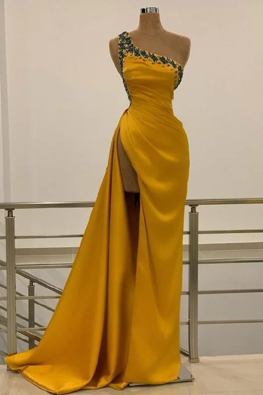 One Shoulder Yellow Slit Prom Dress Long With Beads C2079