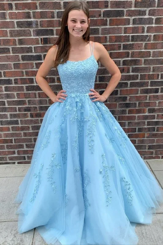 Light Blue Applique Lace up back Prom Dress C2205
