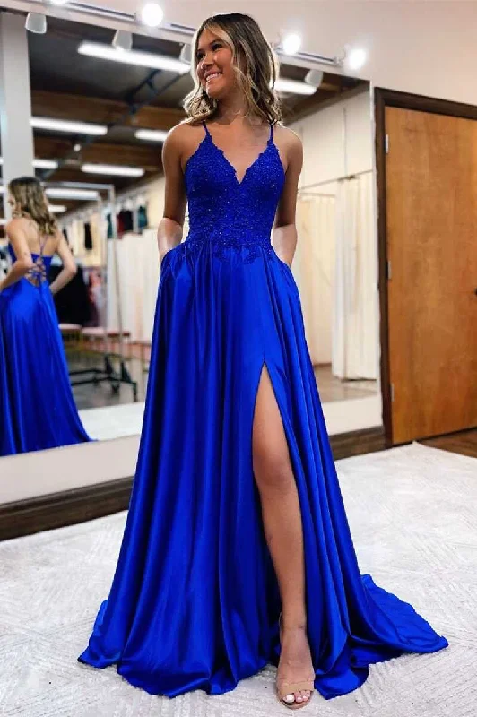 Royal Blue Lace Lace-Up Long Prom Dress C2401