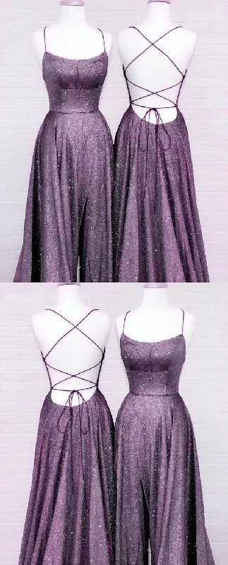 Purple Glitter Prom Dresses Side Split Lace Up Back C2332