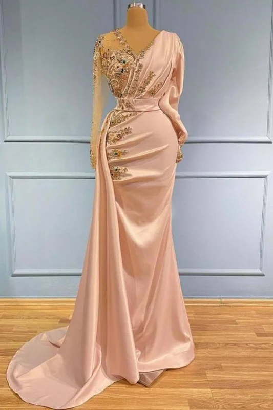 Elegant V-Neck Long Sleeves Mermaid Prom Dress with Gold Sequins Appliques C2054