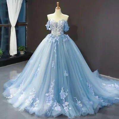 Sky Blue Prom Dresses Cheap 3D Flowers Applique Ball Gown Off Shoulder Corset Back Sweet 15 Quinceanera Dress C1780