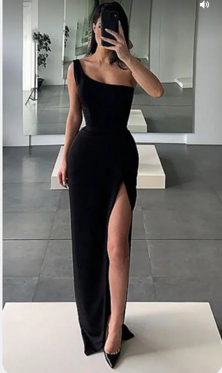 Black One Shoulder Prom Dress with High Leg Slit C2447