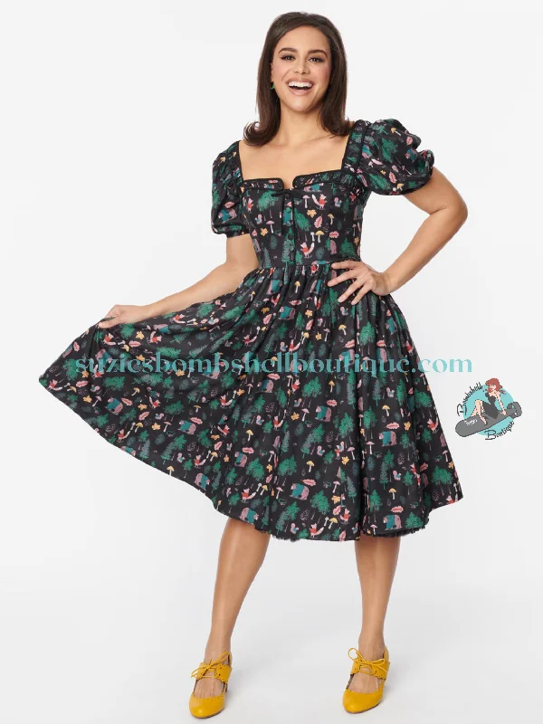 Unique Vintage Black Woodland Creature Button Front Dress