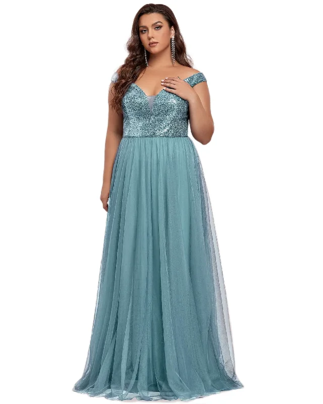 Sequin Off the Shoulder Maxi Tulle Evening Dress | Dusty Blue