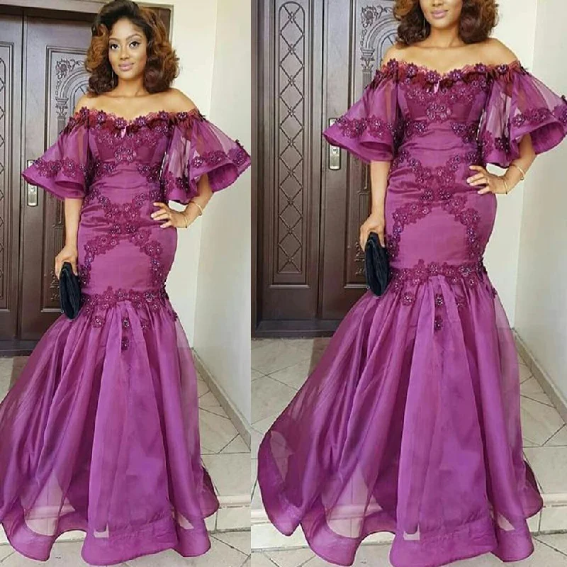 off the shoulder purple evening dresses long mermaid lace appliqué beaded flare sleeve evening gowns 2020