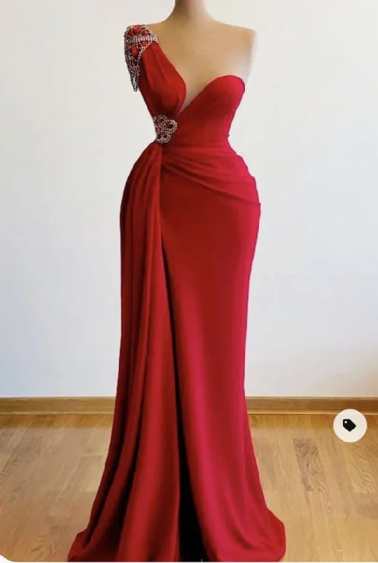 One Shoulder Red Prom Dresses with Beading c2469