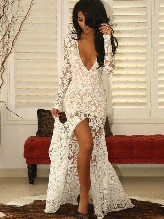White Deep V-neck Long Sleeves See Through Long Prom Dress,DP951