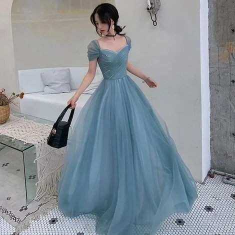 A-Line Princess Square Neckline Short Sleeve Floor-Length Prom Dresses C2119