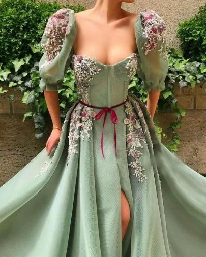 Elegant Mint Green Puff Sleeve Prom Dress with Slit C2041