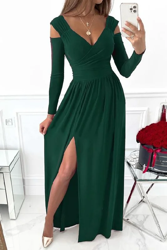 Women's Dresses Long Sleeve V-Neck Solid Strapless Split Prom Dress C2319