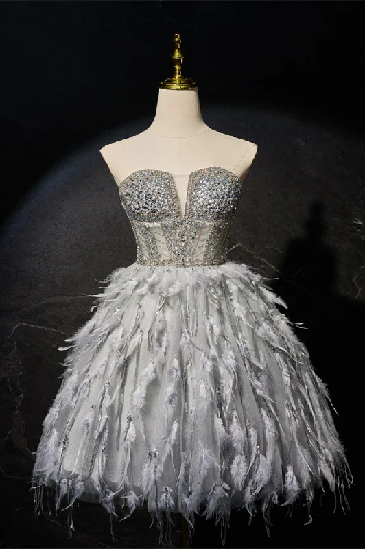 Grey Beaded Strapless Corset Princess Dress with Feathers
