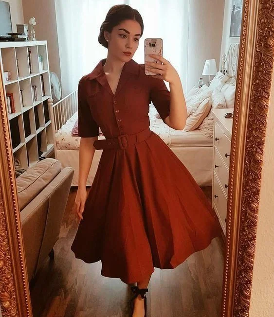 Dark Red Vintage Tea Length Prom Dress  C2057