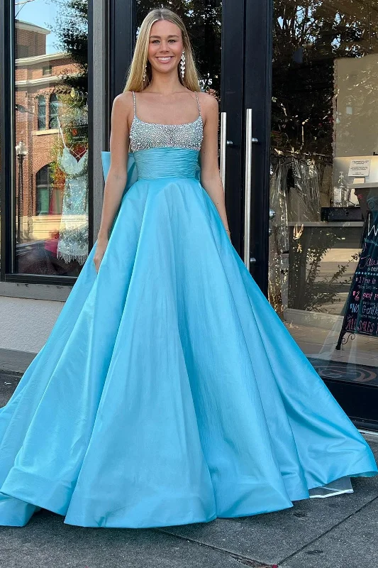 White Beaded Bow-Back A-Line Long Formal Dress