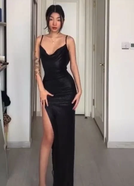 Spghetti Straps Black Long Prom Dress With High Split C2024