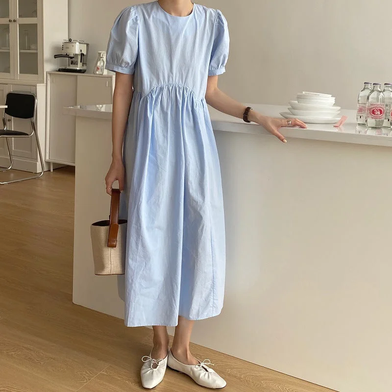 Julia Fashion - Solid Lantern Sleeves Summer Dress