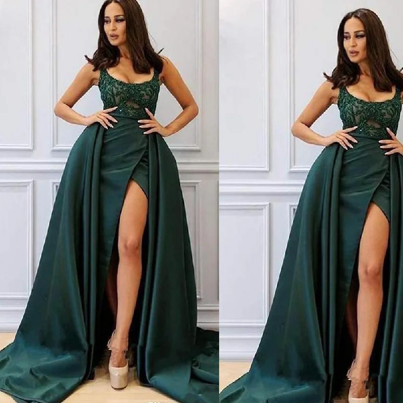 detachable skirt hunter green evening dresses 2020 lace appliqué beaded sleeveless cheap evening gown