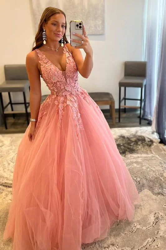 Princess A Line Deep V Neck Blush Long Prom Dress with Appliques c2484