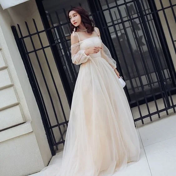 Champagne Summer Prom Dresses Empire Spaghetti Straps Off-The-Shoulder Long Sleeve C1911