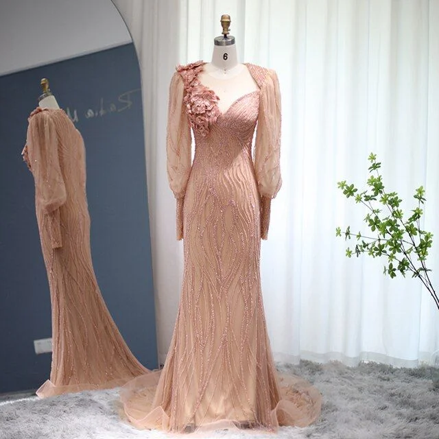 Luxury Rose Gold Evening Dress Elegant Long Sleeves Formal Dresses,DP864