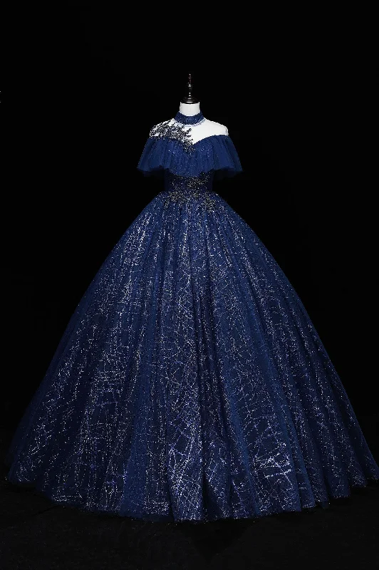 Blue Tulle Long Prom Dress with Sequins, A-Line Blue Formal Dress