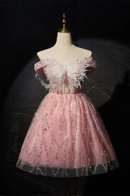 Off the Shoulder Blush Pink A-line Short Princess Dress