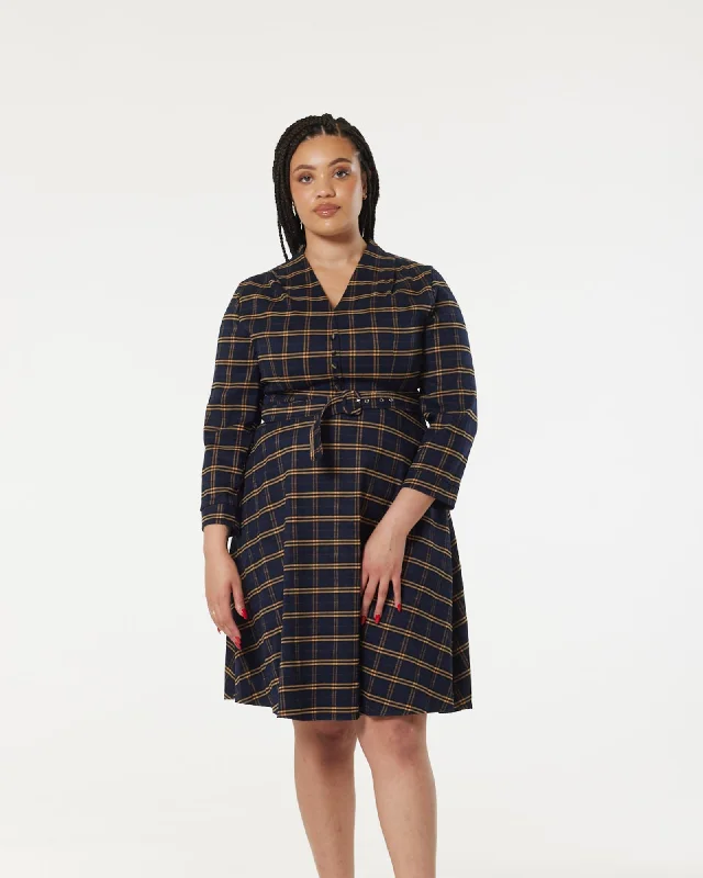 Helena Navy Check Dress in Navy and Yellow Check | Navy