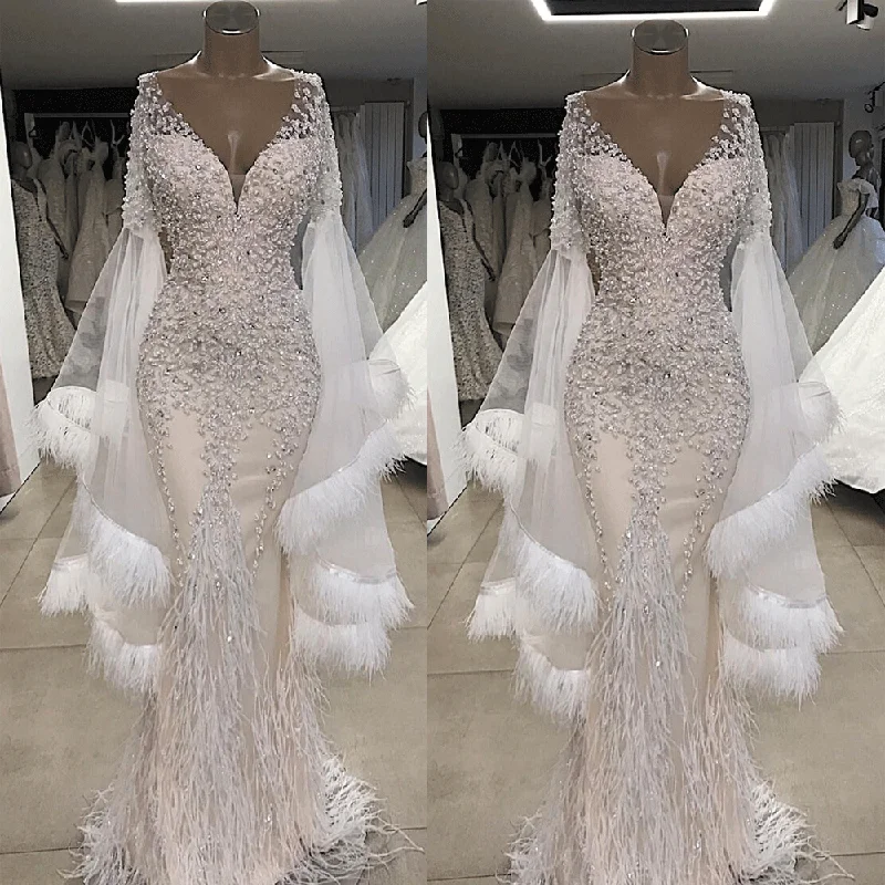 feather evening dresses long Dubai caftan beaded crystals mermaid elegant cheap luxury evening gown